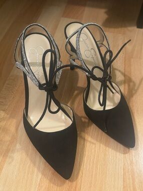 Jessica Simpson Black Pointed Toe Lace-Up Heels with Rhinestone Straps